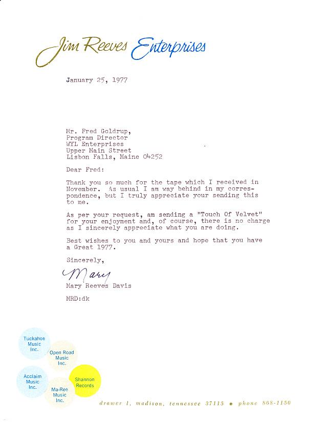 MARY REEVES SIGNED AUTOGRAPH LETTER - Jim Reeves Stationery #2 - Picture 1 of 1